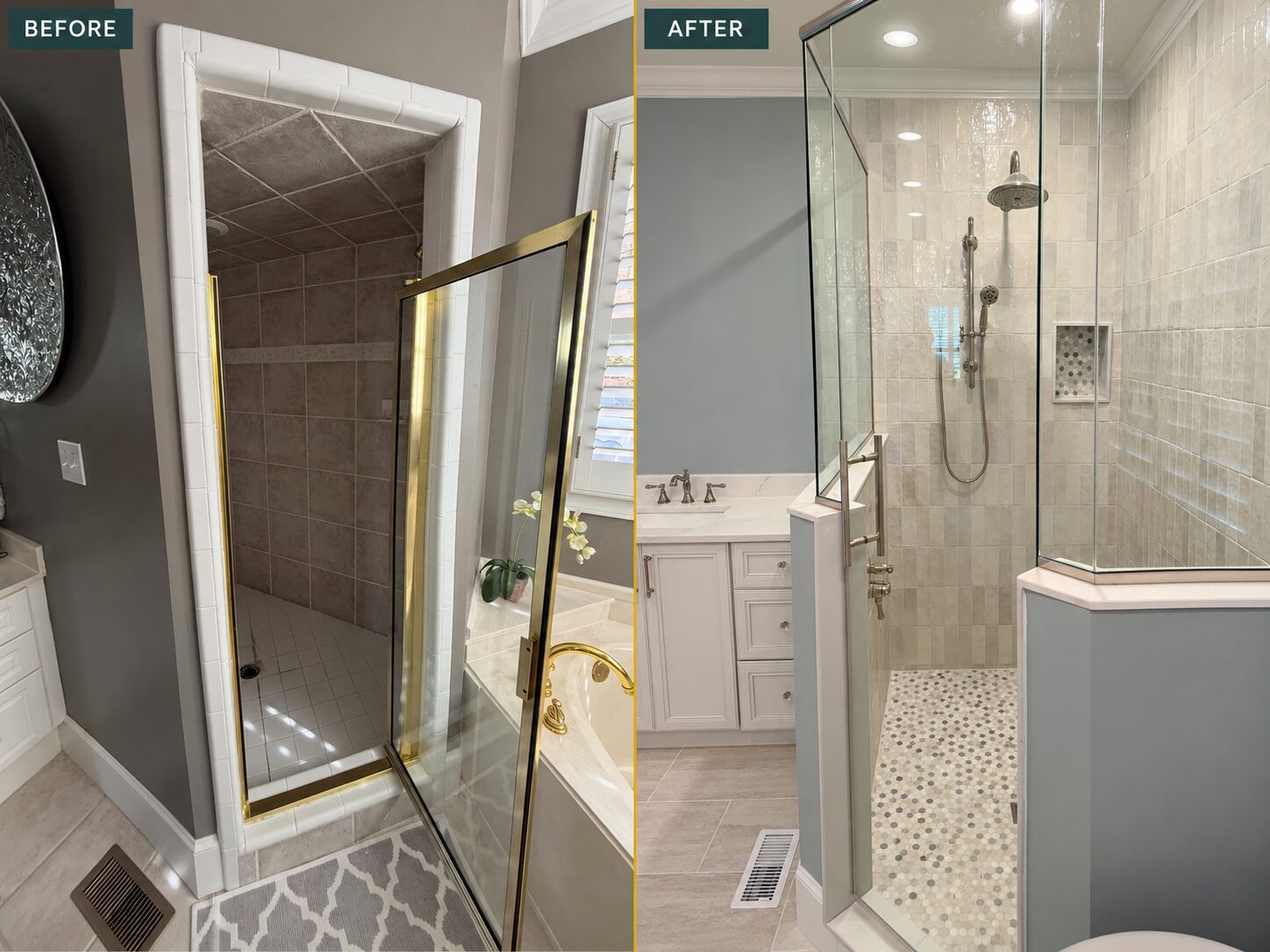 Before and after primary bathroom shower remodel