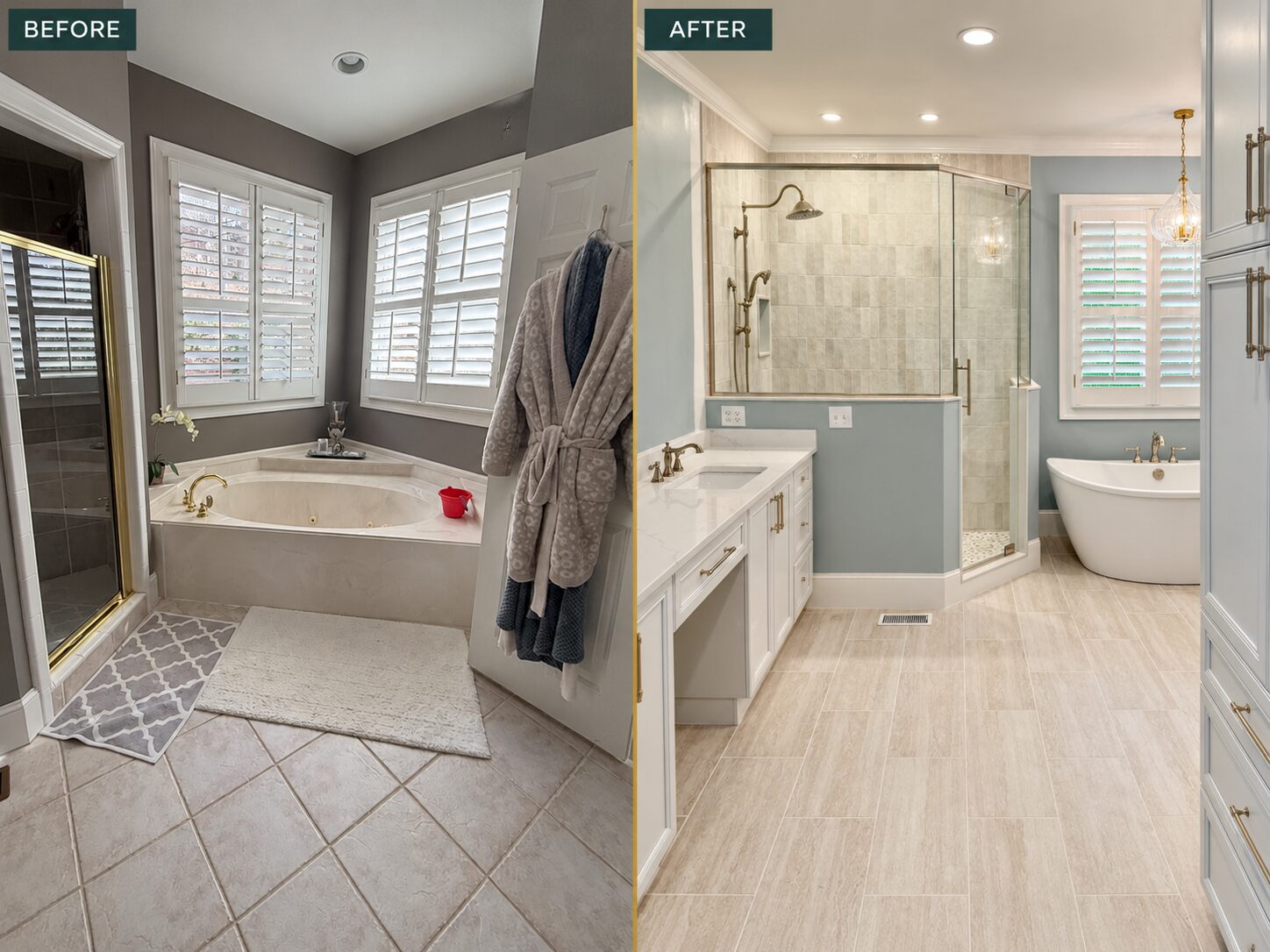 Before and after primary bathroom vanity and tub remodel