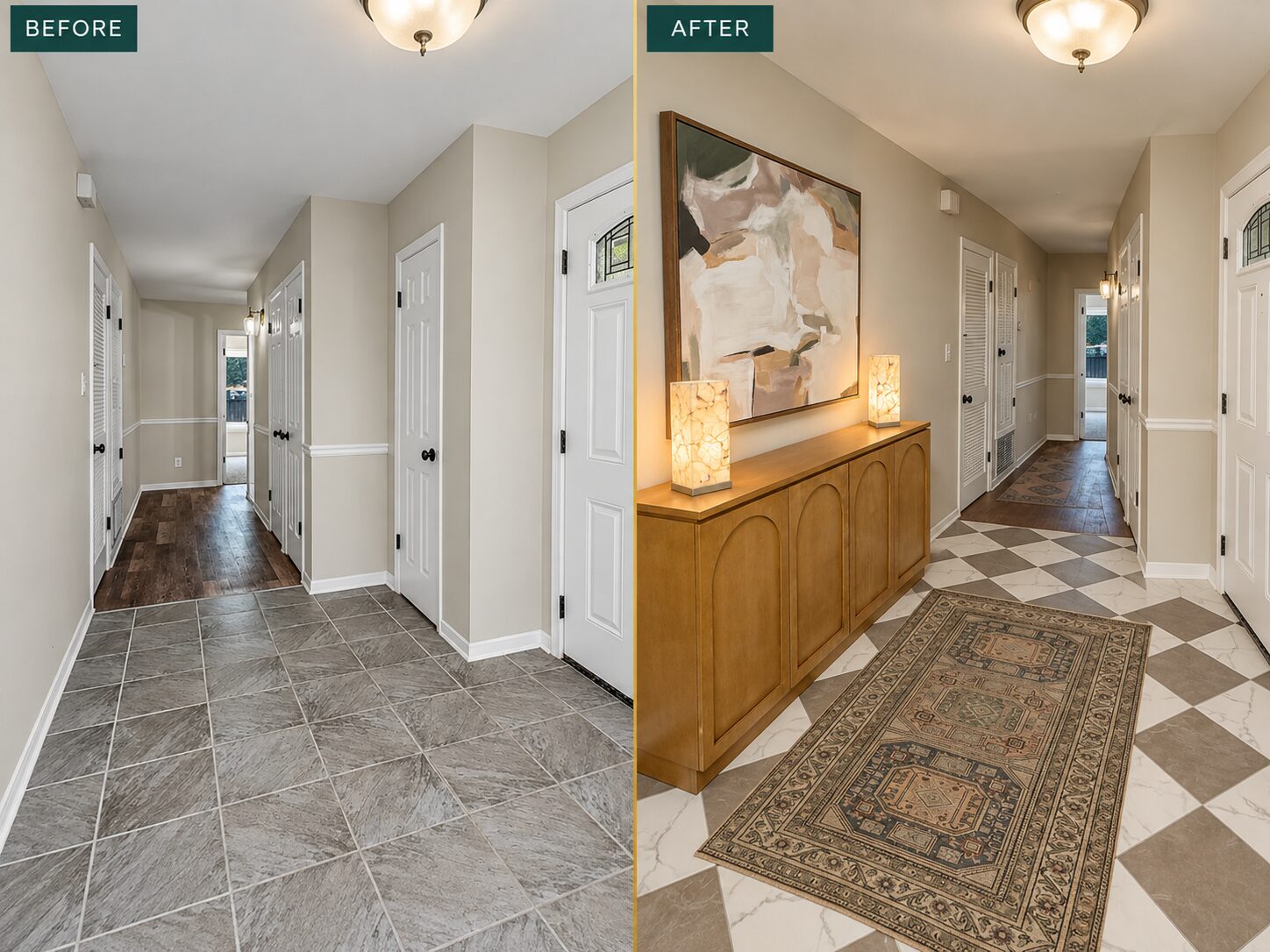 Before and after foyer flooring replacement